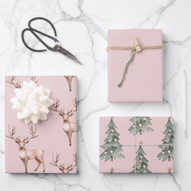 Blush Pink Boho Deer Christmas Trees Wrapping Paper Sheets (Front)