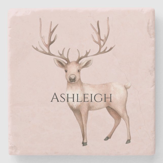 Blush Pink Boho Deer Tree Stone Coaster (Front)