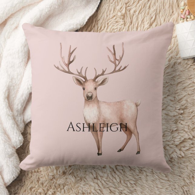 Blush Pink Boho Deer Tree Throw Pillow (Blanket)
