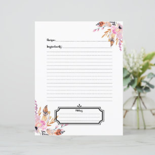 Blush pink boho feathers white recipe sheet insert