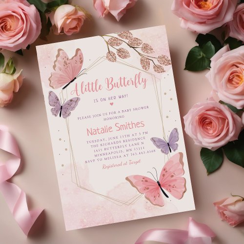 Blush Pink Boho Floral Butterfly Girl Baby Shower Invitation