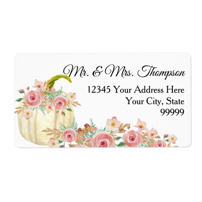 Blush Pink Boho Floral Gold Glitter White Pumpkin Label (Front)