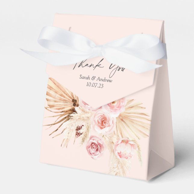 Blush pink boho floral pampas grass bridal shower favor boxes (Front Side)