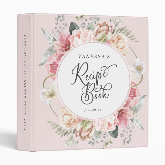 Blush pink boho floral recipe book for the bride 3 ring binder (Front/Spine)
