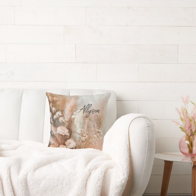 Blush Pink Boho Floral Throw Pillow (Couch)