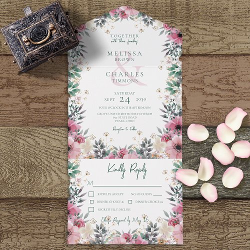 Blush Pink Boho Floral Wreaths Dinner All In One Invitation
