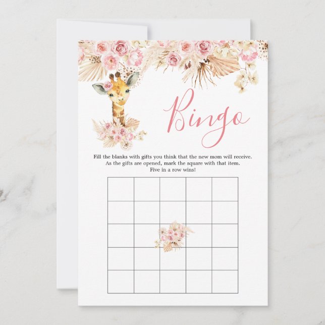 Blush Pink Boho Giraffe Baby Shower Bingo Game Invitation (Front)