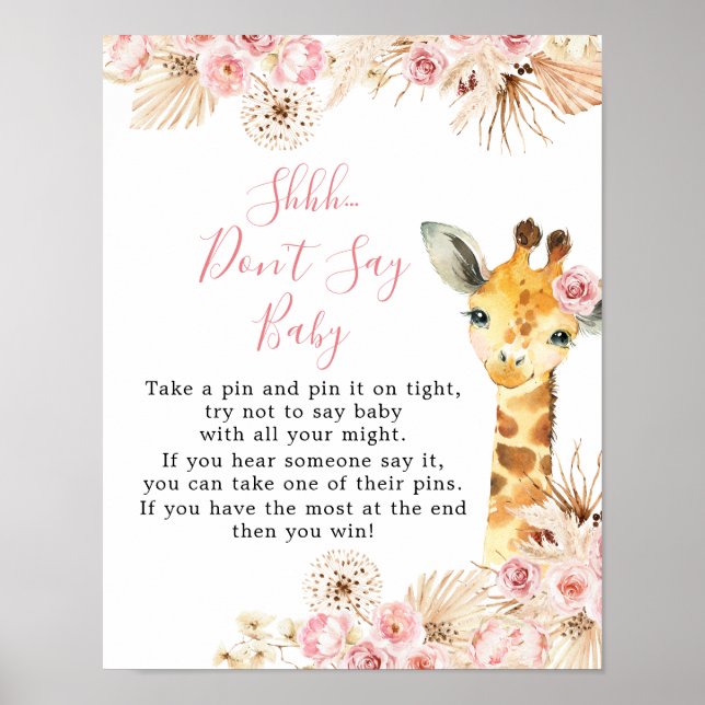 Blush Pink Boho Giraffe Baby Shower Don't Say Baby Poster (Front)