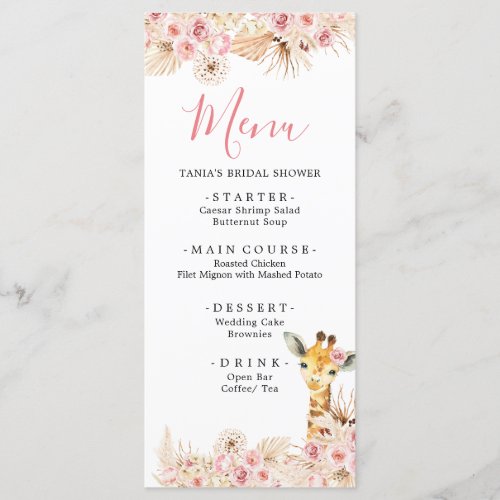 Blush Pink Boho Giraffe Baby Shower Menu Card