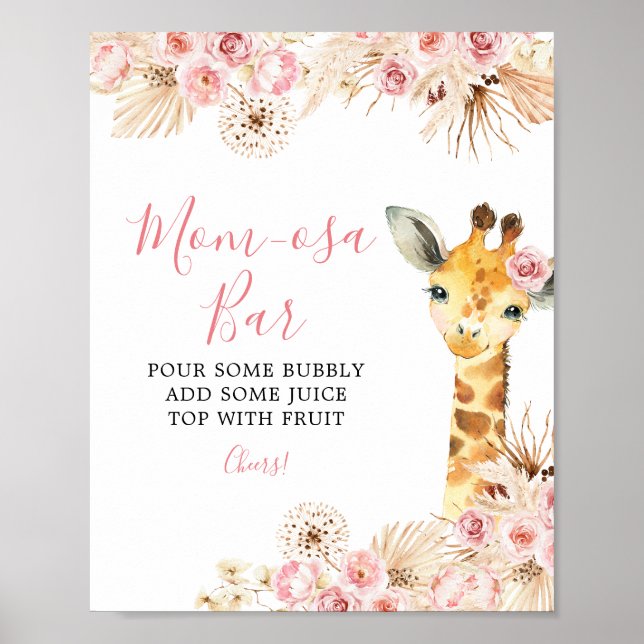 Blush Pink Boho Giraffe Baby Shower Mom-osa Bar Poster (Front)