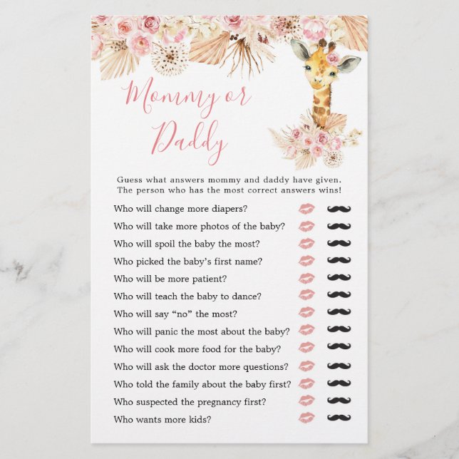 Blush Pink Boho Giraffe Baby Shower Mommy or Daddy (Front)