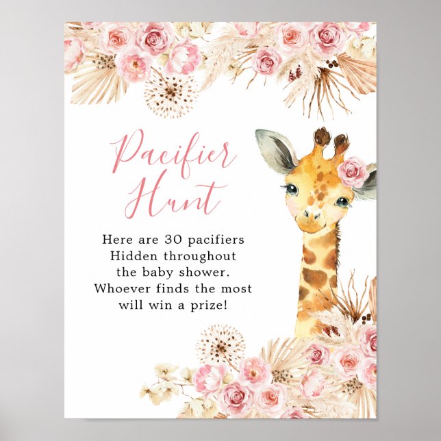 Blush Pink Boho Giraffe Baby Shower Pacifier Hunt Poster (Front)