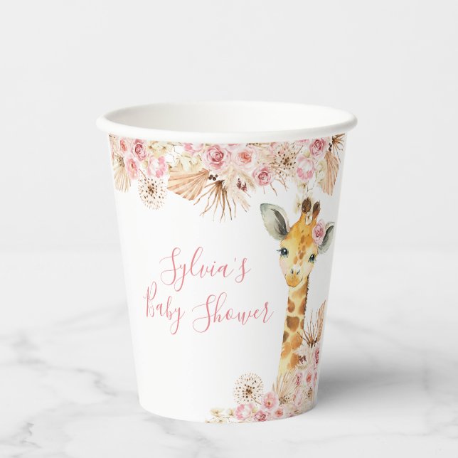 Blush Pink Boho Giraffe Baby Shower Paper Cup (Front)