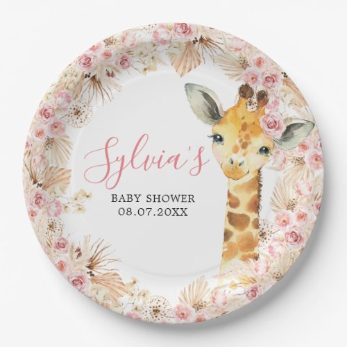 Blush Pink Boho Giraffe Baby Shower Paper Plate