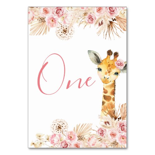 Blush Pink Boho Giraffe Baby Shower Table Number