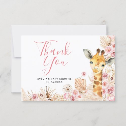 Blush Pink Boho Giraffe Baby Shower Thank You Card