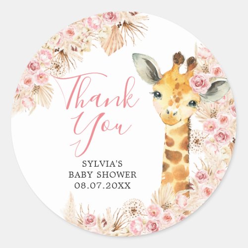 Blush Pink Boho Giraffe Baby Shower Thank You Classic Round Sticker