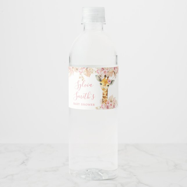 Blush Pink Boho Giraffe Baby Shower Water Bottle Label (Front)
