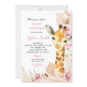 Blush Pink Boho Giraffe Girl Baby Shower Invitation