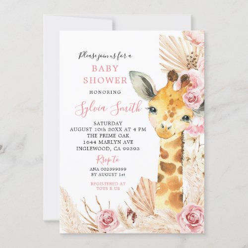 Blush Pink Boho Giraffe Girl Baby Shower Invitation