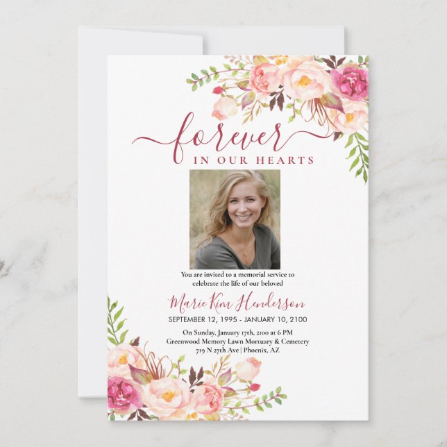 Blush Pink Boho Memorial Service Funeral Photo Invitation (Front)