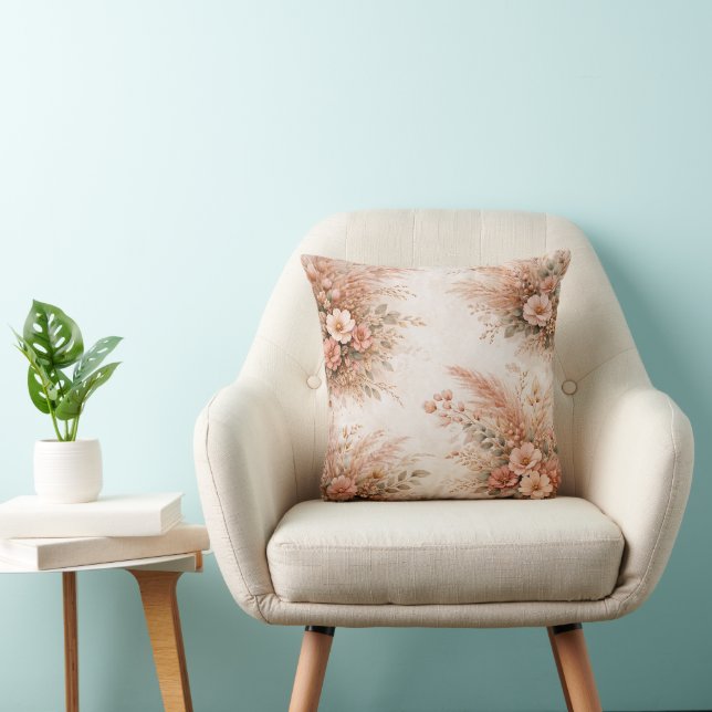 Blush Pink Boho Pampas Floral Bouquet Throw Pillow (Chair)