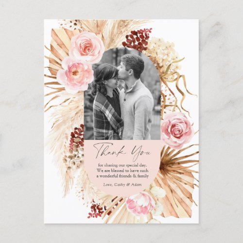 Blush Pink Boho Pampas Floral Photo Wedding Thank  Postcard