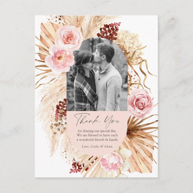 Blush Pink Boho Pampas Floral Photo Wedding Thank  Postcard (Front)