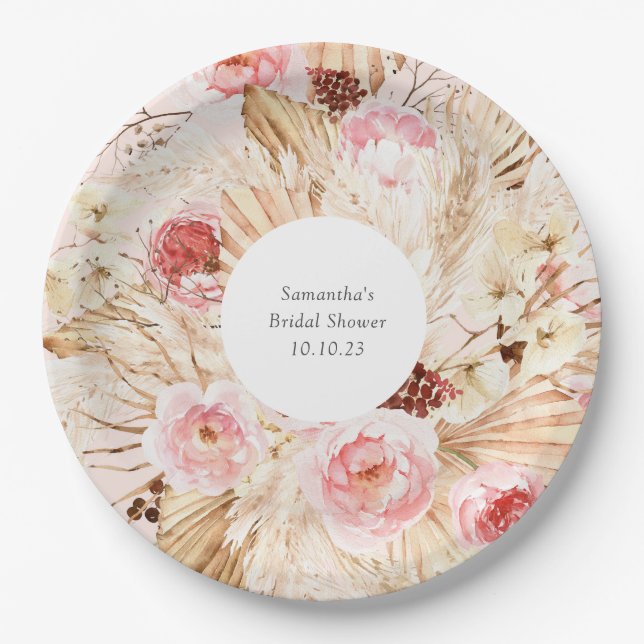 Blush pink boho pampas grass floral pattern  paper plates (Front)