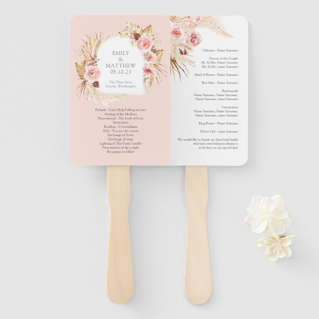 Blush pink Boho Pampas Grass Floral Wedding fan (Front and Back)