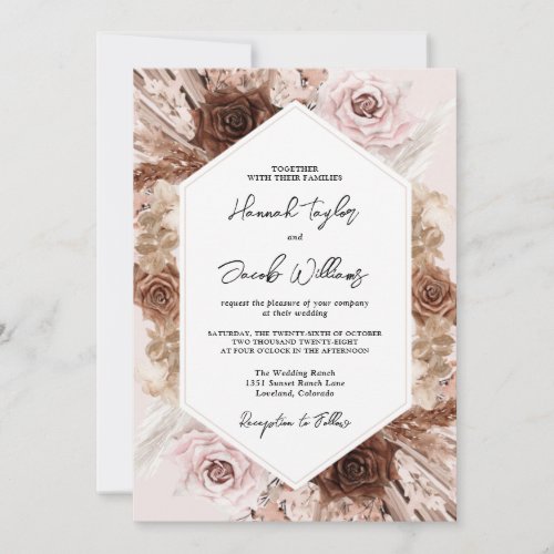 Blush Pink Boho Pampas Grass Floral Wedding Invitation