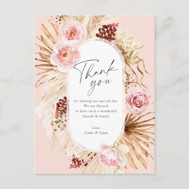 Blush Pink Boho Pampas Grass Floral Wedding Thank  Postcard (Front)