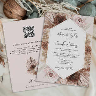Blush Pink Boho Pampas Grass QR Code RSVP Wedding Invitation