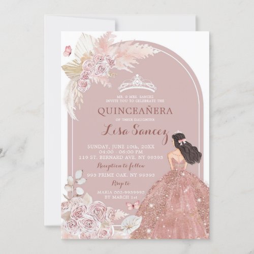 Blush Pink Boho Pampas Grass Quinceaera Invitatio Invitation