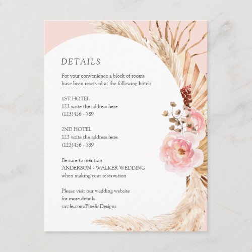 Blush Pink Boho Pampas Watercolor Floral Wedding Enclosure Card