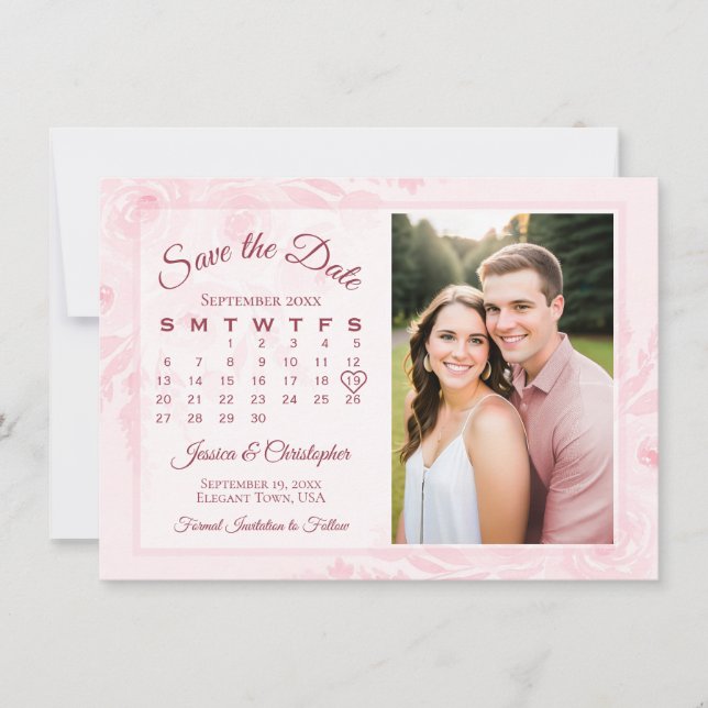 Blush Pink Boho Peonies Calendar & Photo Wedding Save The Date (Front)
