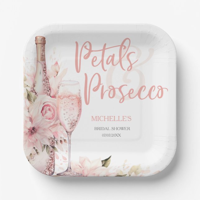 Blush Pink Boho Petals and Prosecco Floral Paper Plates (Front)