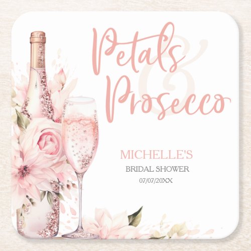 Blush Pink Boho Petals and Prosecco Floral Square Paper Coaster