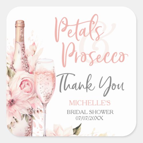 Blush Pink Boho Petals Prosecco Floral Thank You Square Sticker