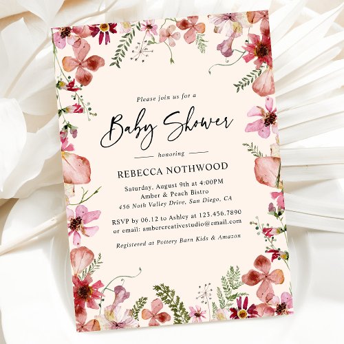 Blush Pink Boho Pressed Floral Baby Girl Shower Invitation