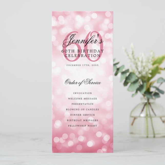 Blush Pink Bokeh 60th Birthday Program w/ Menu (Standing Front)