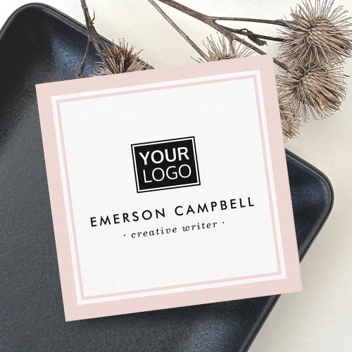 Blush pink border custom logo elegant minimalist square business card