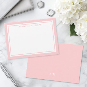 Blush Pink Border Minimalist Monogram Note Card