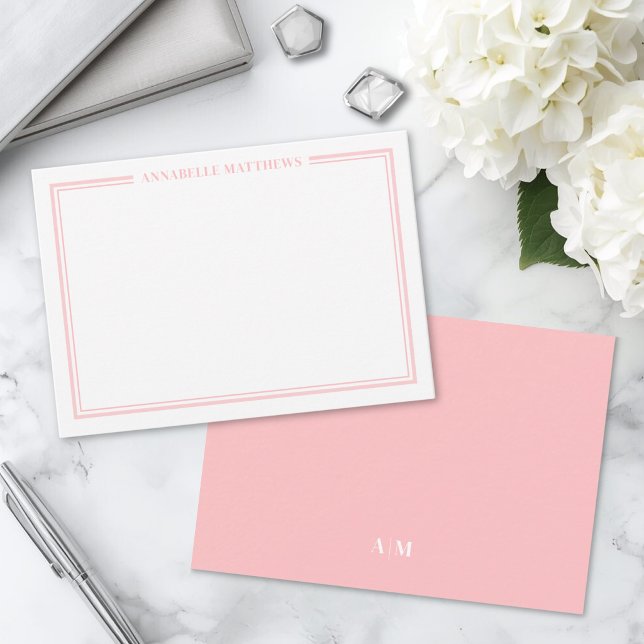 Blush Pink Border Minimalist Name Monogram Note Card (Blush Pink Border Minimalist Name Monogram Note Card )