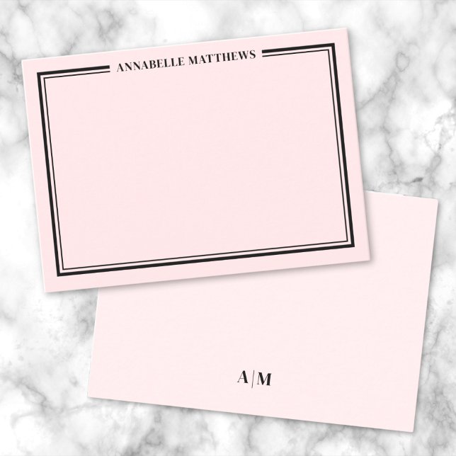Blush Pink Border Minimalist Name Monogram Note Card (Blush Pink Border Minimalist Name Monogram Note Card)
