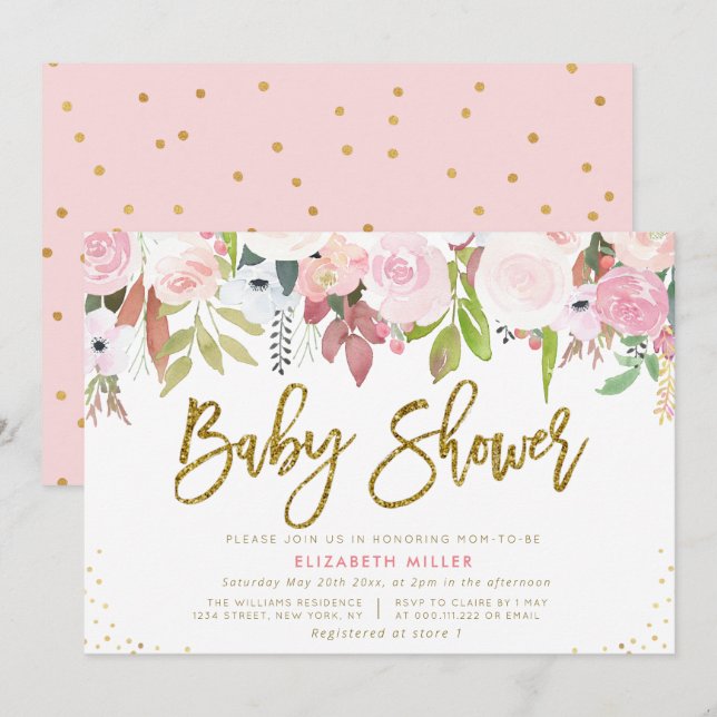 Blush pink botanical baby shower invitation (Front/Back)