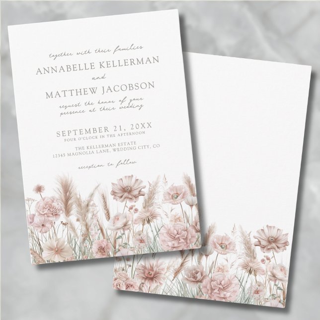 Blush Pink Botanical Boho Floral Wedding Invitation (Blush Pink Botanical Pampas Floral Boho Wedding Invitation)
