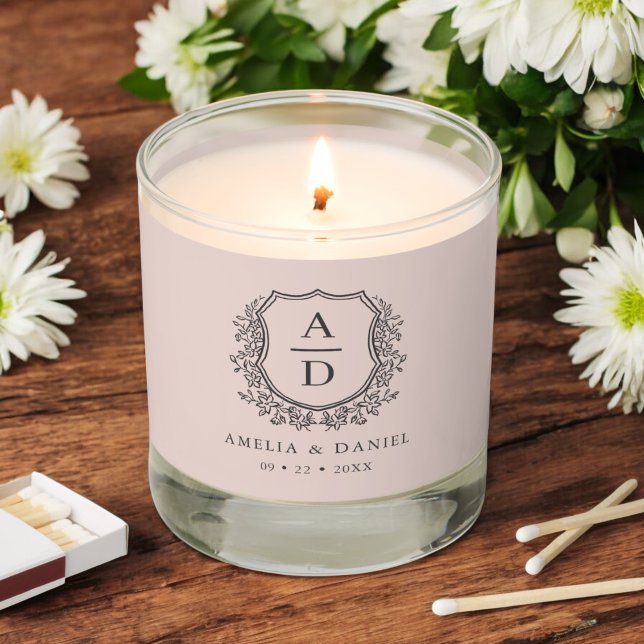 Blush Pink Botanical Crest Monogram Wedding  Scented Candle (Creator Uploaded)