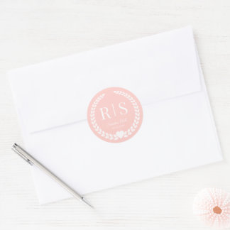 Blush Pink Botanical Monogram Wedding Envelope Classic Round Sticker