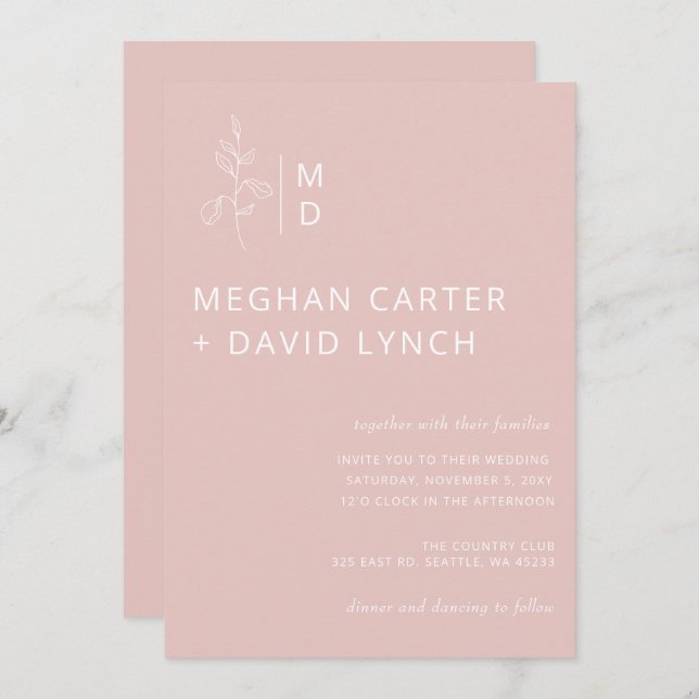 Blush Pink Botanical Monogram Wedding  Invitation (Front/Back)